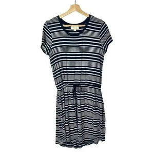 Olive & Oak Navy Blue & Gray Striped Jersey Fit & Flare Dress M
